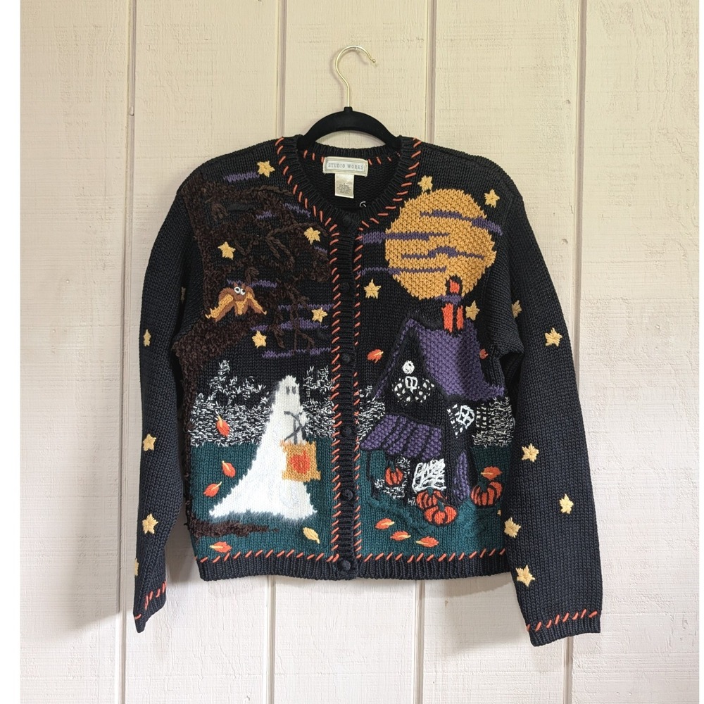 Vintage Halloween Ghost Haunted House Cardigan Knit Sweater Women's Small
